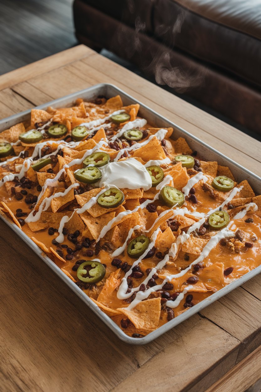 Indoor photo of a large sheet pan on a wooden coffee table piled high with crispy tortilla chips, melted cheddar, black beans, jalapeño slices, and a drizzle of sour cream. Steam rising slightly, no text or logos in view.