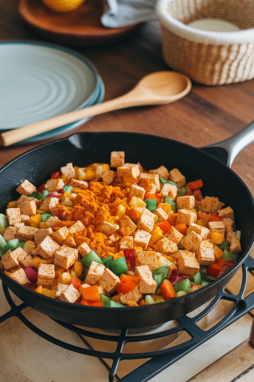 A cozy indoor skillet scene showing crumbled tofu mixed with colorful diced vegetables and sprinkled with turmeric, placed on a trivet. No text or logos. Photo, not illustration.