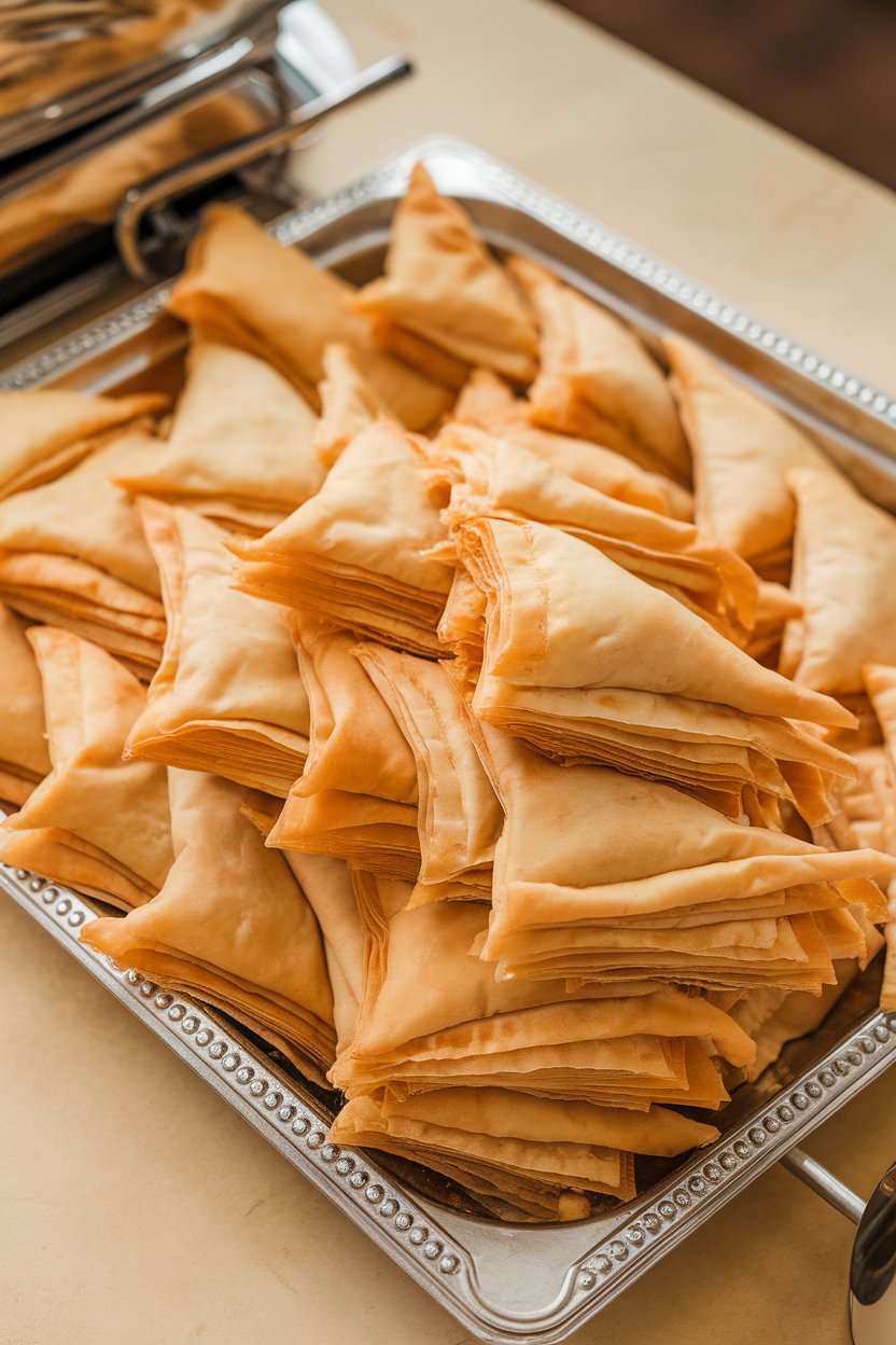 An indoor buffet tray stacked with golden phyllo triangles, flaky layers visible, no text or logos anywhere.