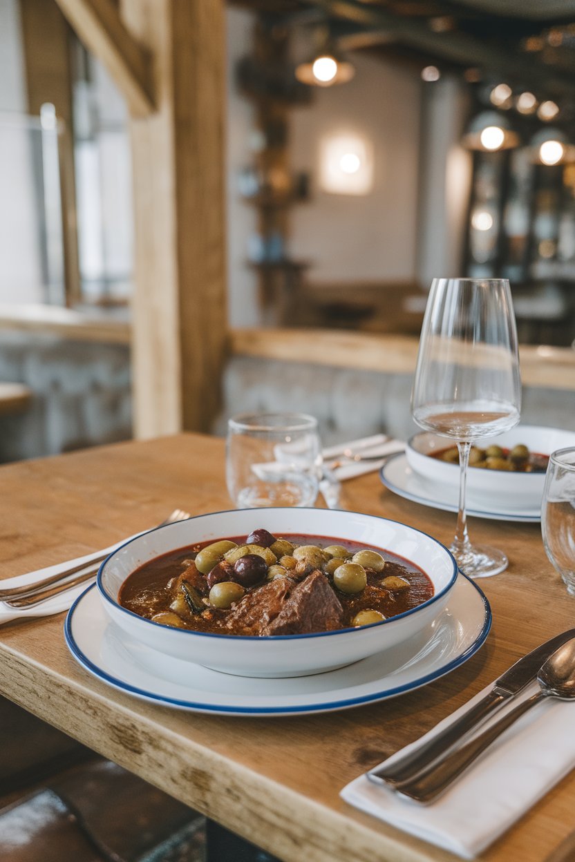 Bistro indoor table with a bowl of beef stew highlighted by chopped olives and a crimson wine sauce. No text or logos. Photo.