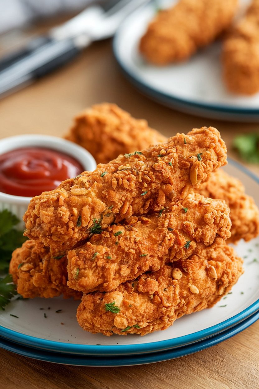 An indoor plate stacked with almond-flour-breaded chicken tenders, side of sugar-free ketchup; no text or logos.