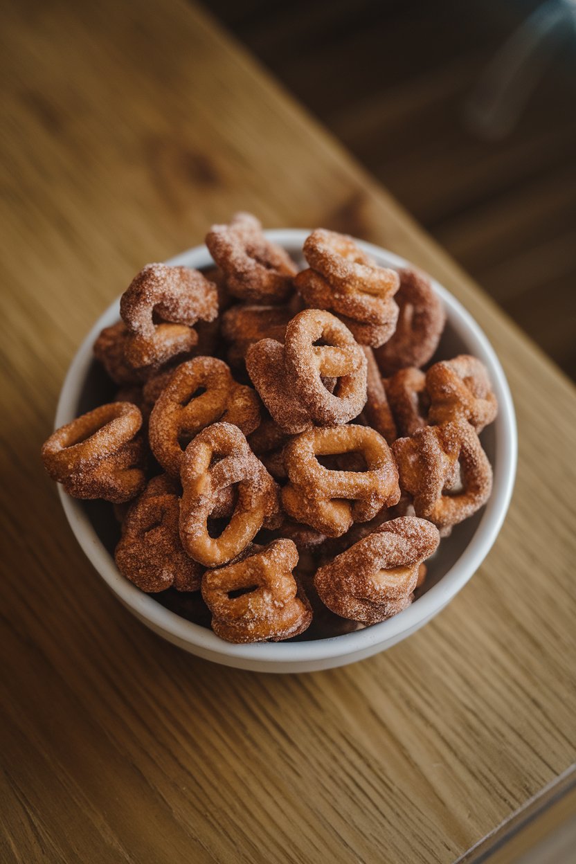 Indoor white bowl filled with bite-size soft pretzel nuggets coated in cinnamon sugar, no text or logos. Photo only.