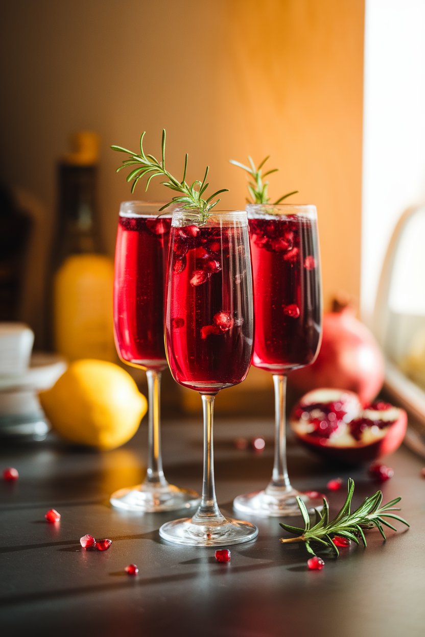 A warmly lit indoor countertop with flute glasses of deep-red bubbly pomegranate drink, arils floating, and a rosemary sprig garnish; photo, not illustration; no text or logos.
