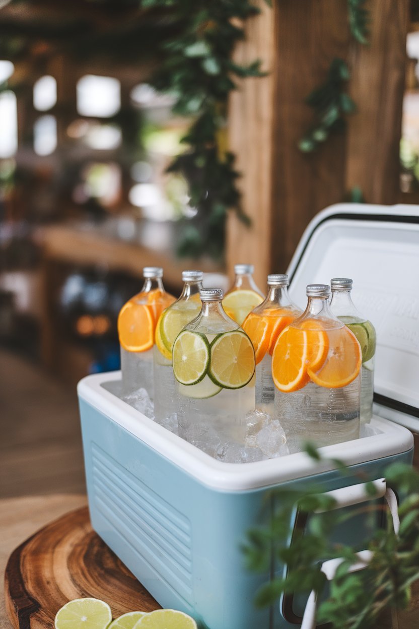Indoor photo of glass bottles of water infused with orange and lime slices arranged in a cooler; no text or logos.