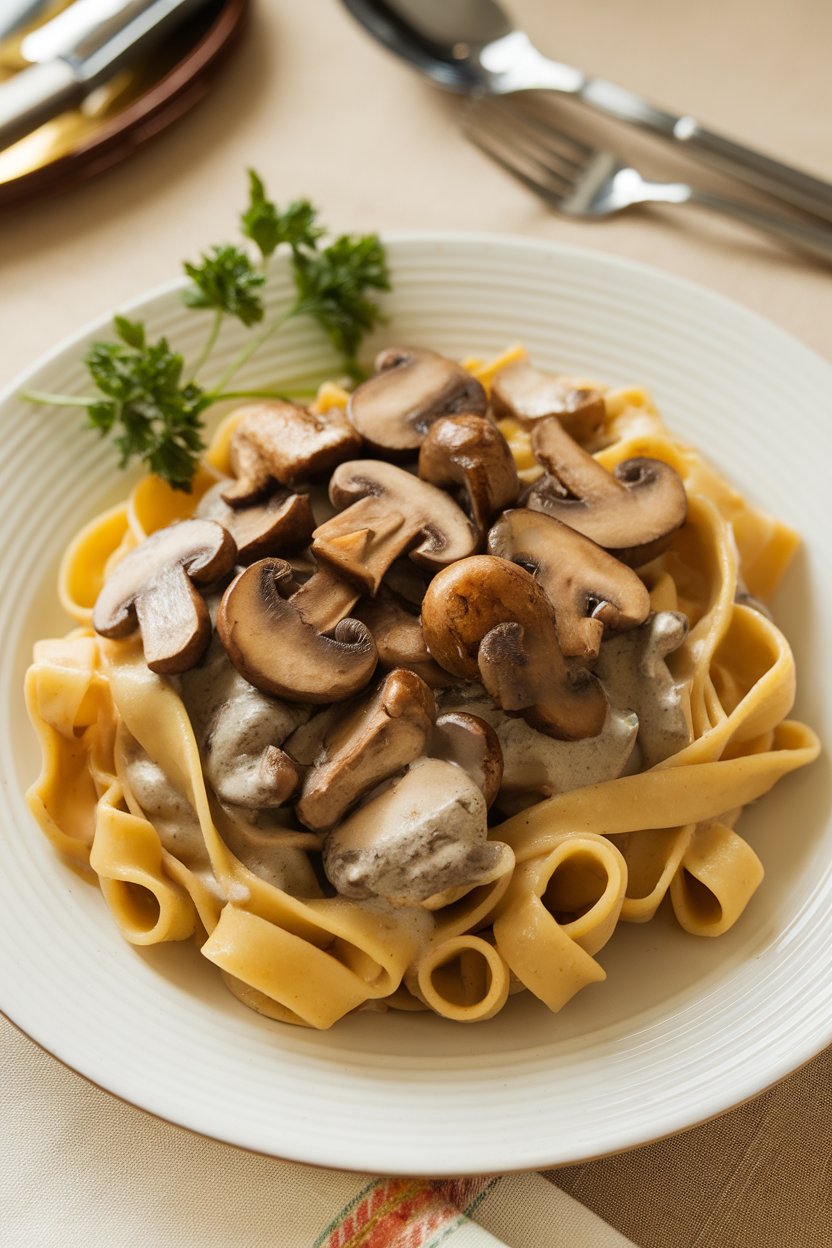 Indoor photo of wide ribbons of tagliatelle coated in mushroom cream sauce, assorted sautéed wild mushrooms scattered on top, no text or logos