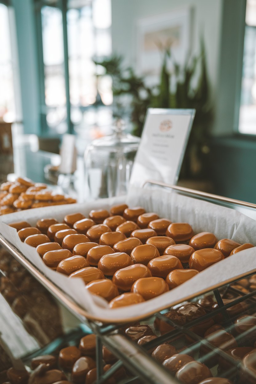An indoor confectionery counter with wax-paper-lined tray of pecan pralines, caramel color gleaming under soft lights. Photo, no text or logos.