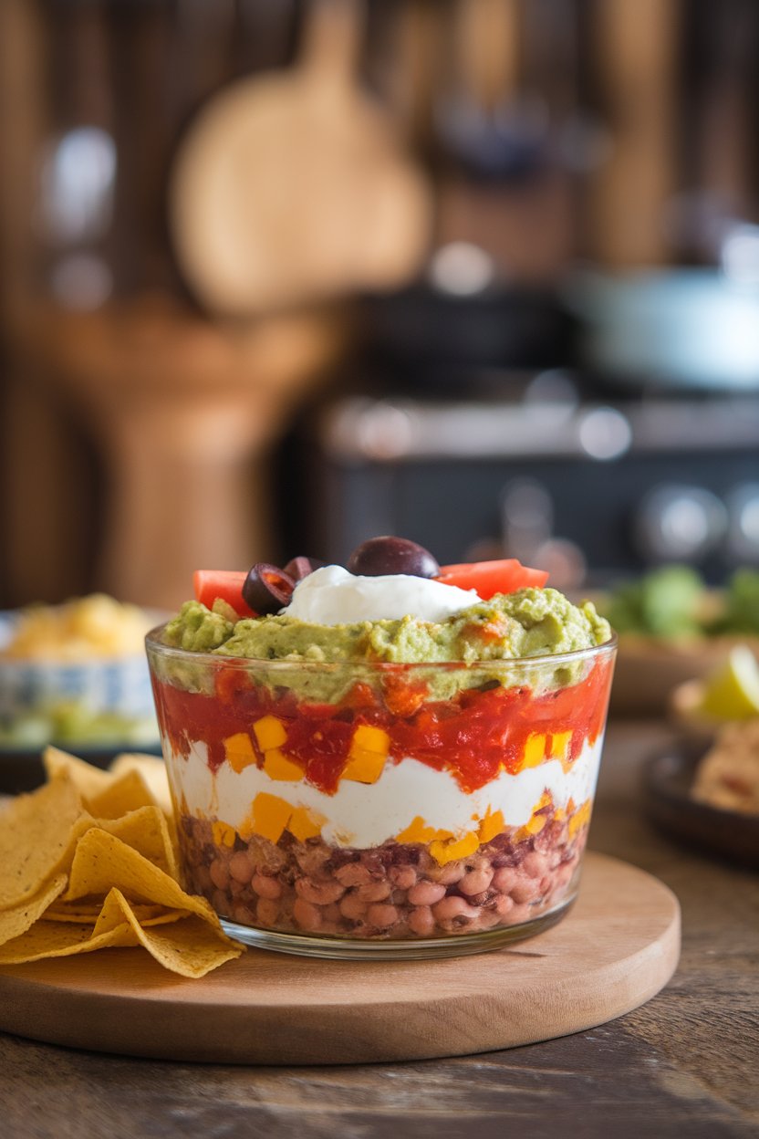 Photo of glass dish showing layered refried beans, guacamole, sour cream, salsa, cheese, olives, and tomatoes indoors, no text or logos
