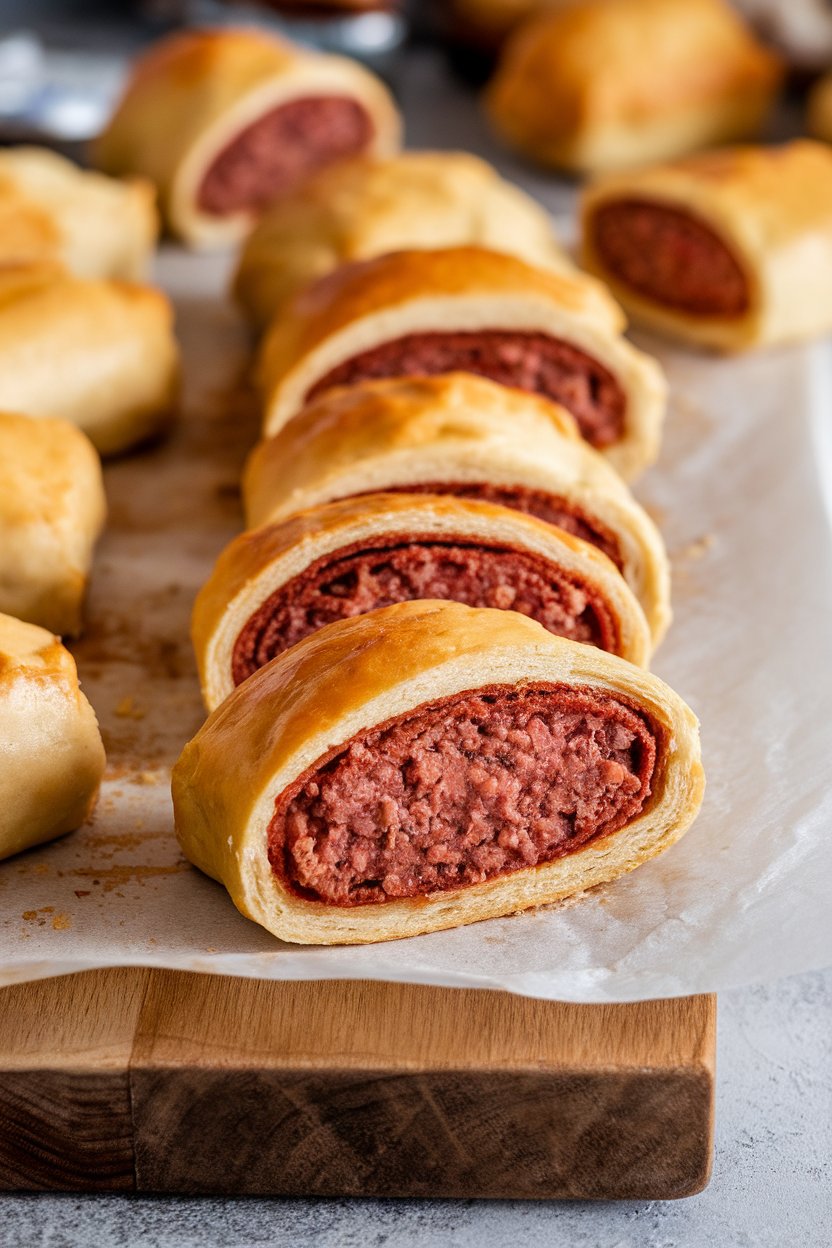 An indoor bakery-style board with sausage rolls encased in golden fathead dough, sliced open to show filling; no logos or text present.