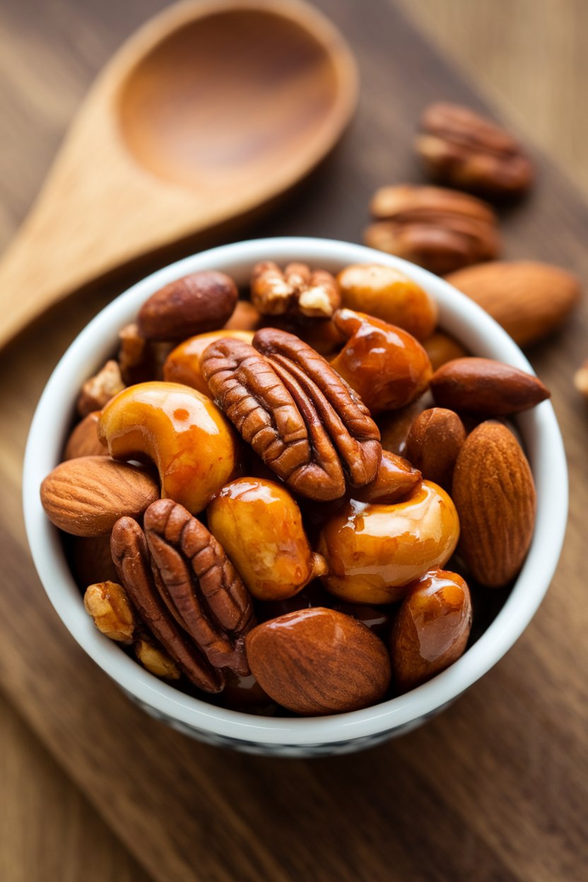 Indoor bowl of candied mixed nuts coated in a glossy brown sugar chili glaze, wooden spoon nearby. No text or logos.
