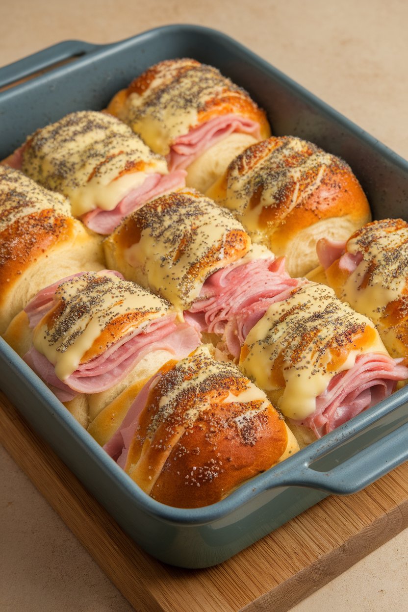 Indoor baking dish of pull-apart Hawaiian rolls filled with ham and Swiss, tops brushed with butter and poppy seeds. No text or logos present.