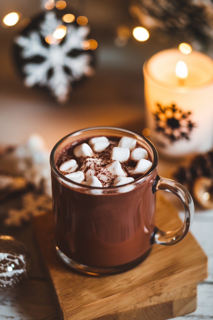 Indoor winter scene with a mug of rich hot chocolate, tiny marshmallows melting, no logos.