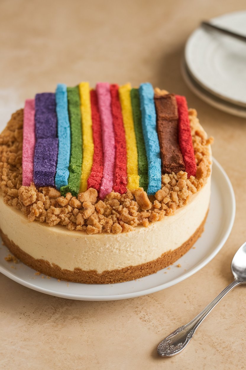 Indoor photo of a round cheesecake topped with king cake crumb streusel and colored sugar stripes. No text or logos present.