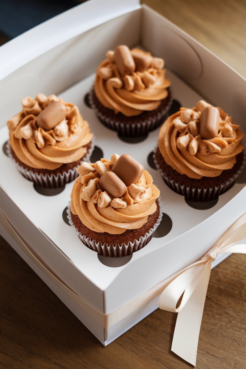 Indoor photo of cupcakes crowned with chopped praline candy pieces embedded in caramel frosting, no text or logos