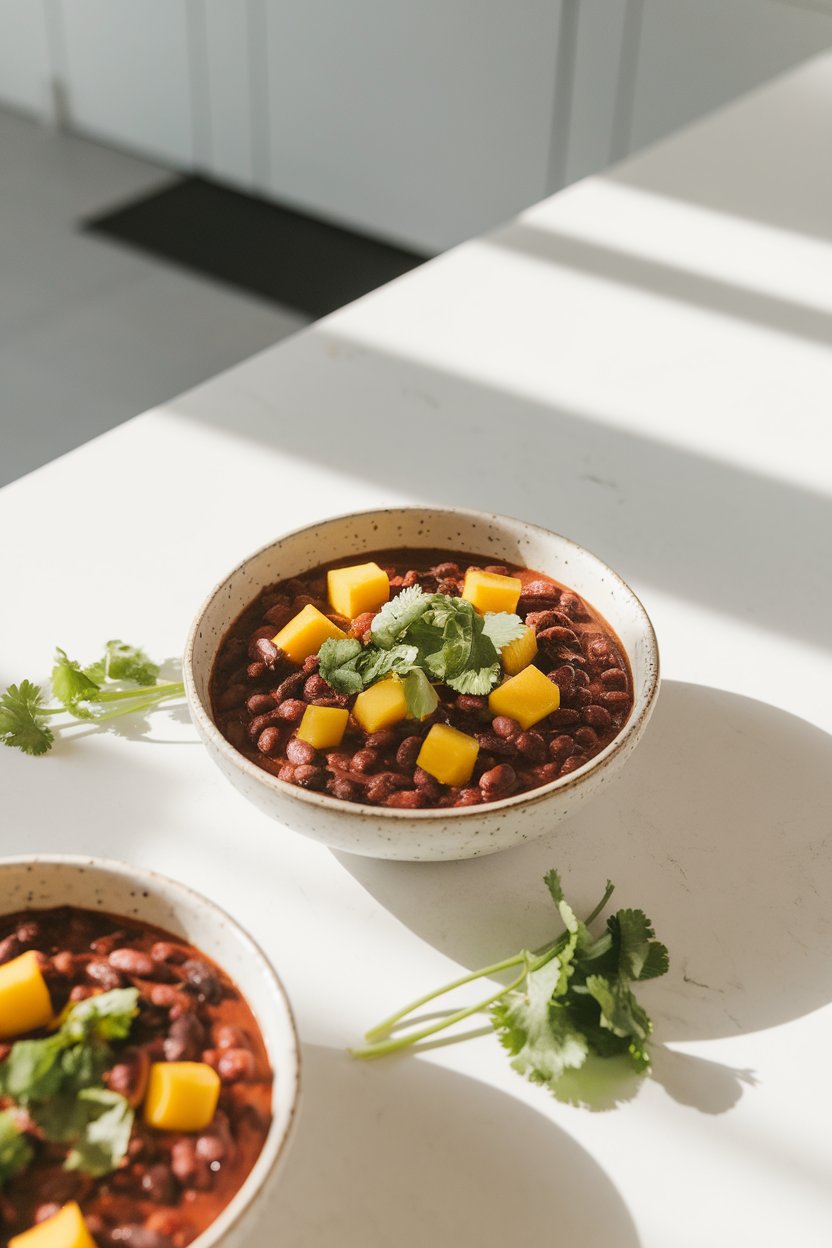 A brightly lit indoor counter featuring a bowl of black bean chili dotted with golden mango cubes and cilantro. No text or logos present.