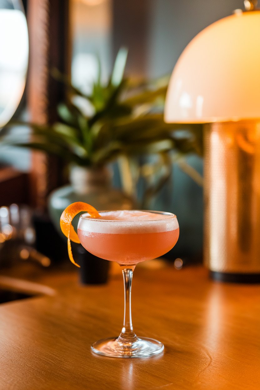Indoor cocktail bar highlighting a coupe glass of frothy pink sour, orange peel garnish. No text or logos.
