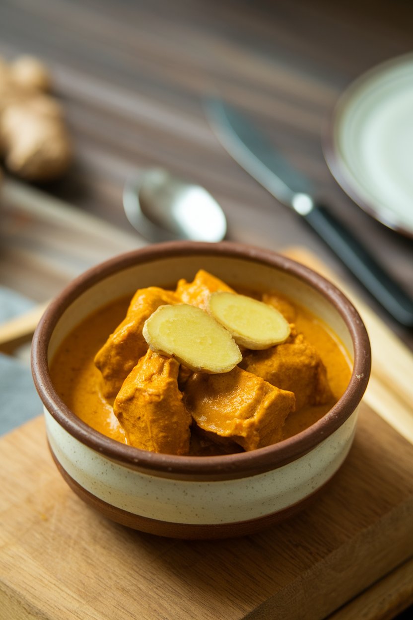 Indoor ceramic bowl of golden-hued beef pieces in turmeric gravy, sliced fresh ginger on top. No text or logos.