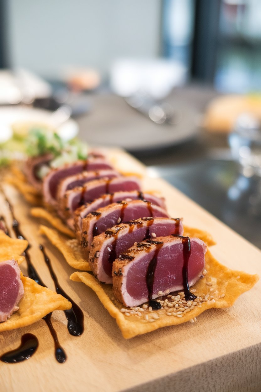 An indoor serving board with seared ahi tuna slices atop baked wonton crisps, a drizzle of soy glaze and sprinkle of sesame seeds. No text or logos included.
