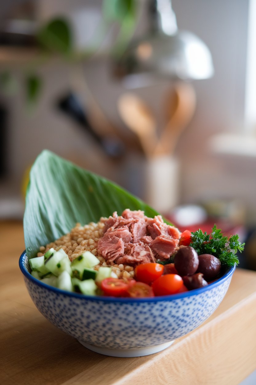 Indoor photo of a bowl featuring cooked farro, flaked canned tuna in water, diced cucumber, cherry tomatoes, kalamata olives, and parsley. No text or logos.