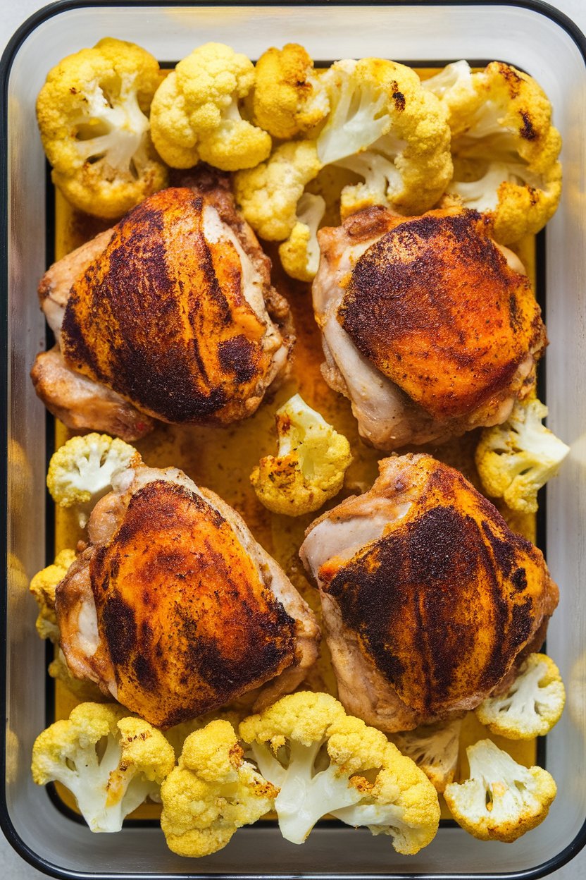 Indoor photo of harissa-coated chicken thighs beside turmeric roasted cauliflower florets in a prep container, no text.