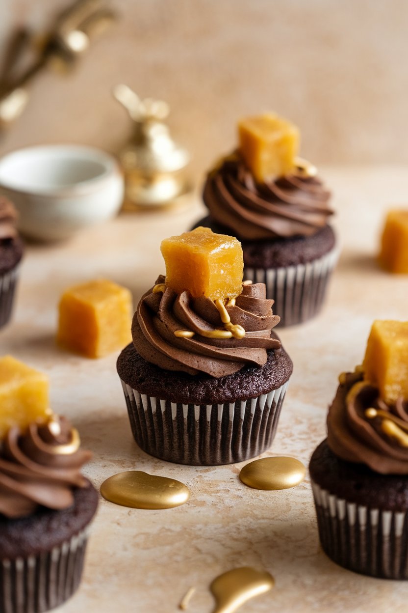 Photo of dark spiced cupcakes topped with candied ginger cubes and gold drizzle, indoor, no text or logos