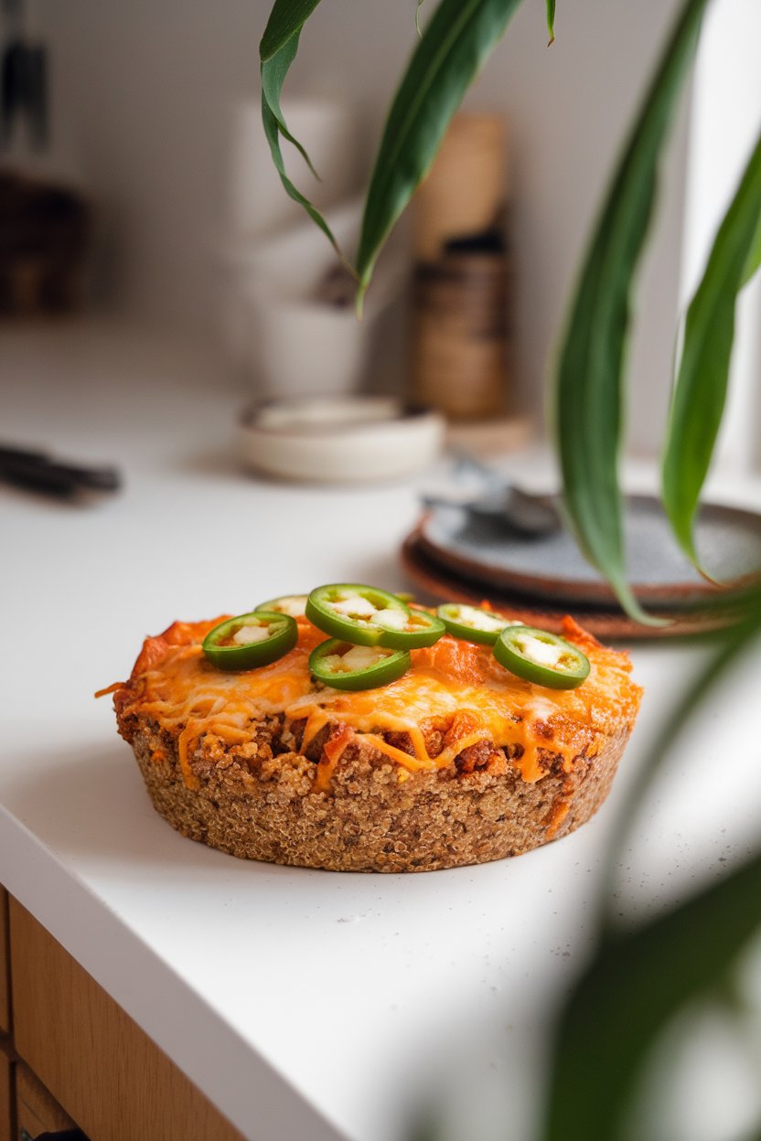 Indoor countertop featuring a slice of quinoa taco casserole with melted cheese and jalapeño rings. No text or logos.