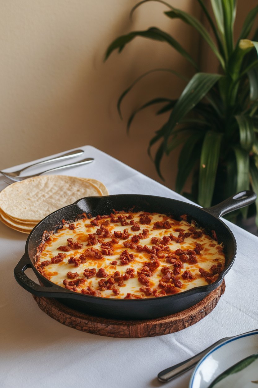 A cast-iron skillet on an indoor dining table filled with melted cheese studded with crispy chorizo bits, tortillas stacked alongside. No visible branding, photo only.