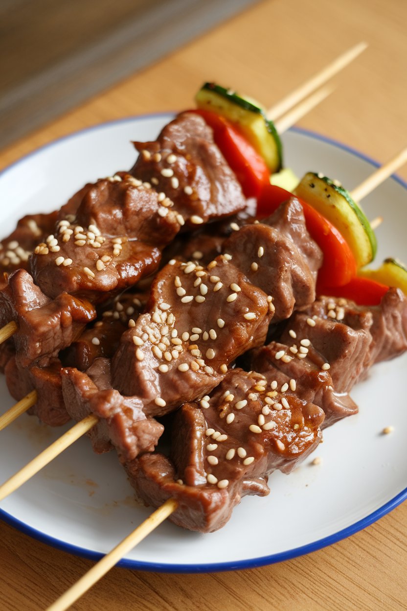 Indoor photo of cooked teriyaki beef skewers glistening with sauce, sesame seeds sprinkled; no text or logos.