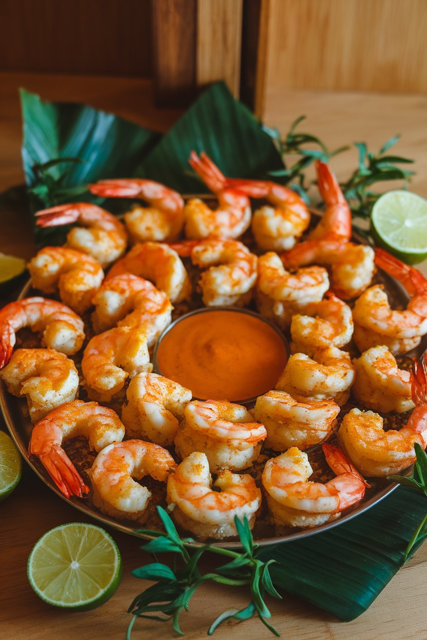 Indoor photo of golden baked coconut shrimp on a platter with sweet chili dipping sauce. No text or logos.