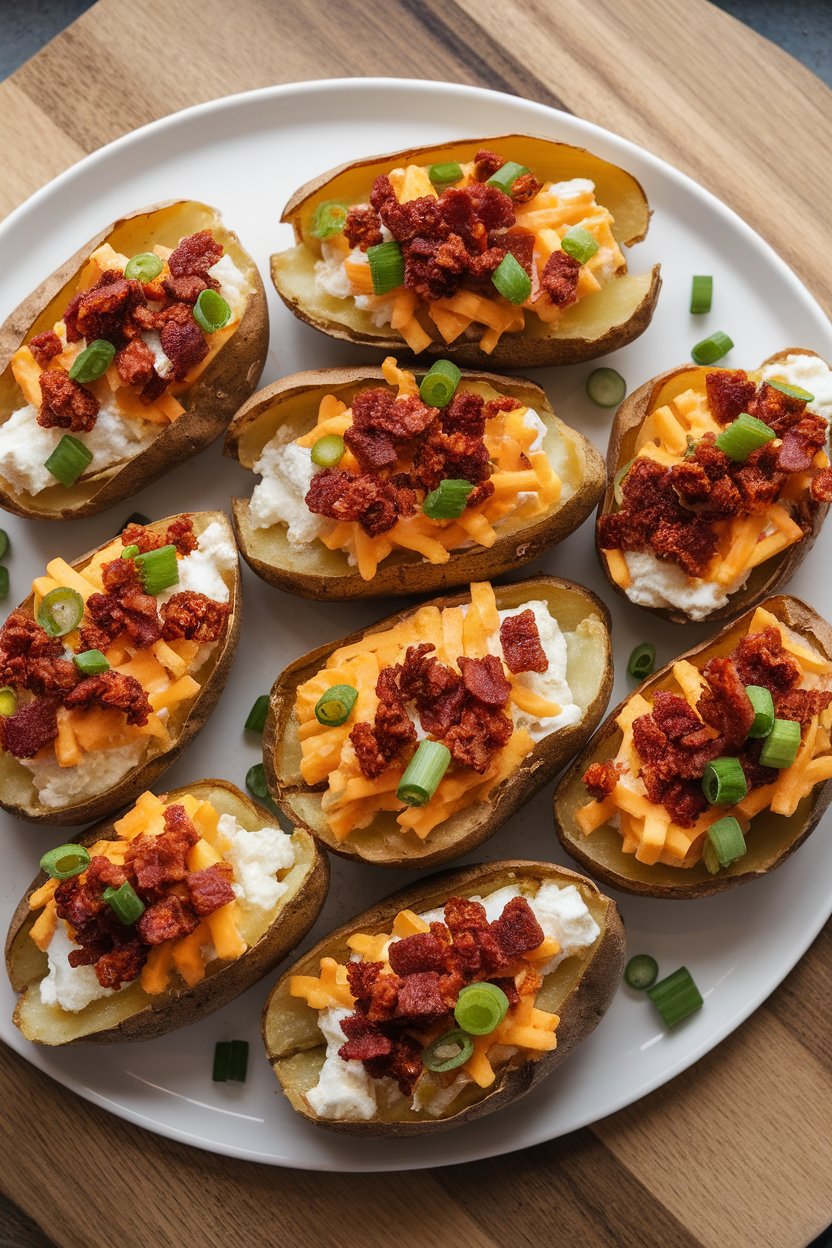 Photo prompt: Indoor serving platter of halved potato skins filled with vegan cheese, tempeh bacon bits, and green onions. No text or logos. Photo, not illustration.