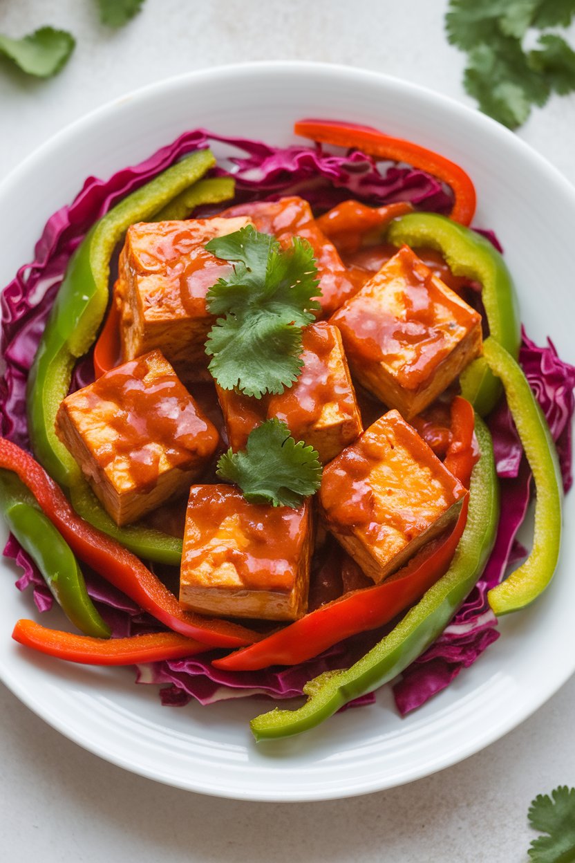 Indoor photo of roasted tofu cubes glazed in sweet chili sauce, surrounded by multicolored bell pepper strips and red cabbage wedges. No text or logos.