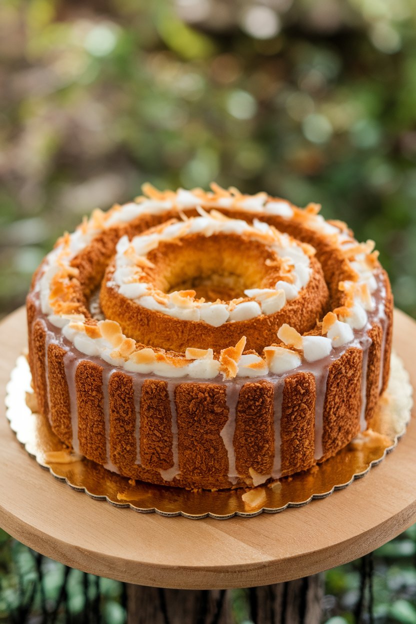 Indoor image of a king cake topped with toasted coconut flakes and rum glaze; no text or logos.