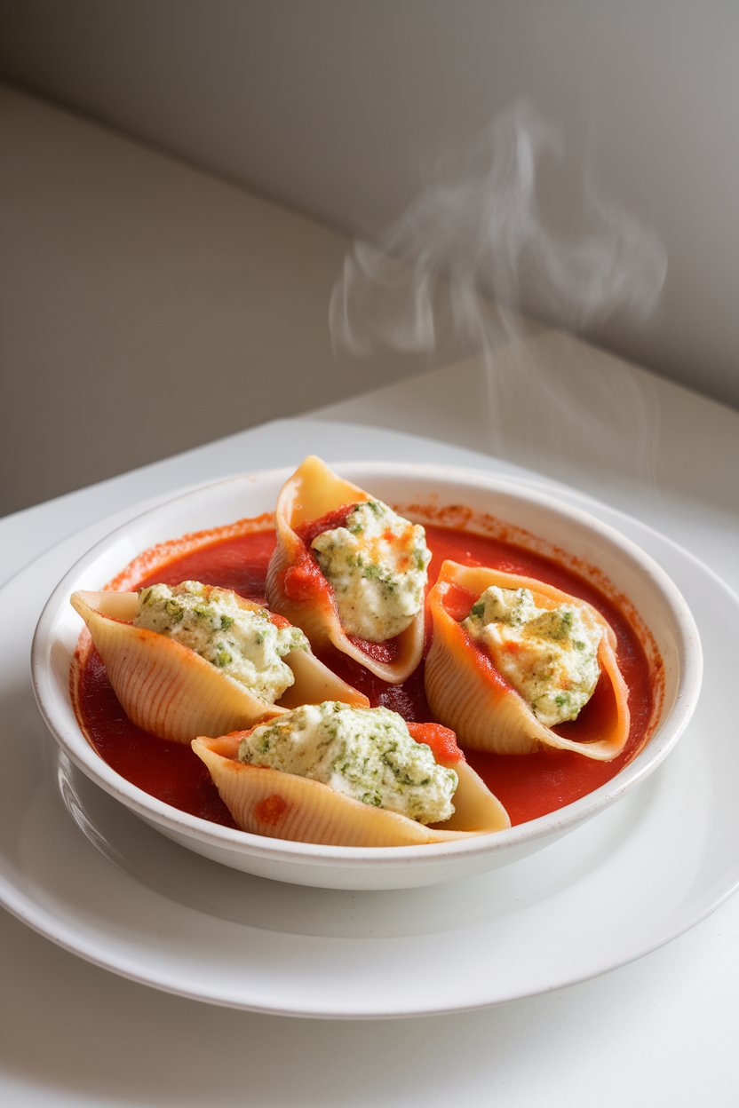 Indoor photo of jumbo pasta shells nestled in red marinara, stuffed with green-flecked ricotta, mozzarella melted on top. Steam curling upward; no text present.