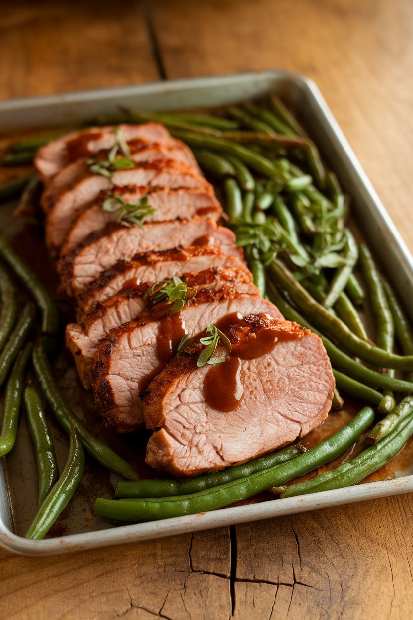 Warm indoor photo of roasted pork tenderloin slices brushed with hoisin sauce, crisp green beans lining the sides of the sheet pan. No text or logos.