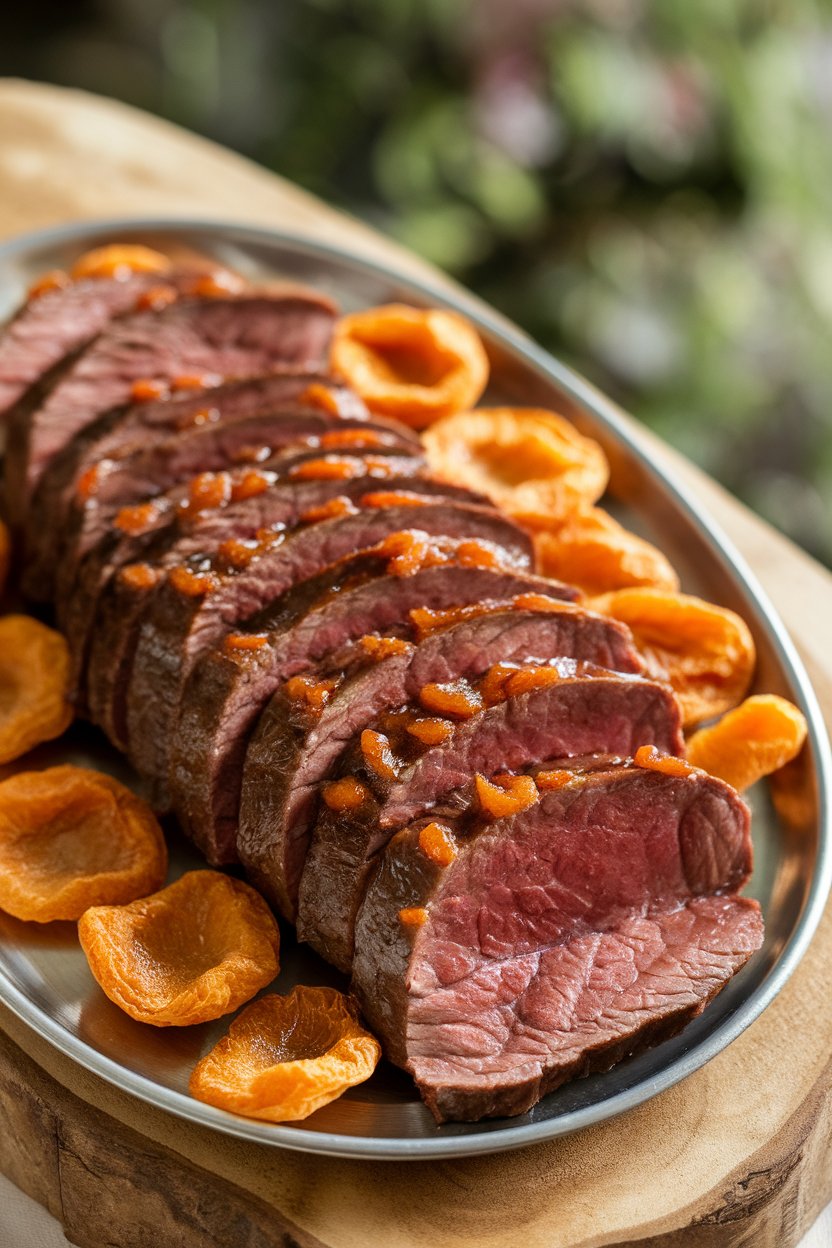 Indoor serving platter of beef slices brushed with glossy apricot glaze, dried apricots scattered. No logos or text.