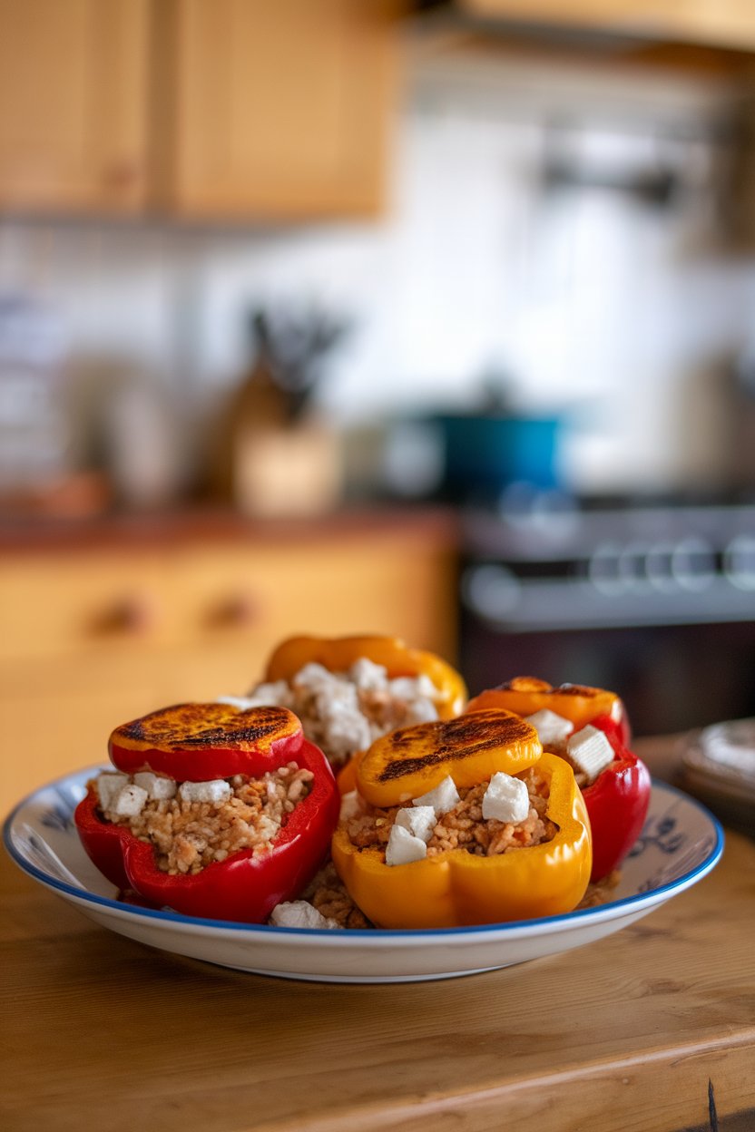 Indoor plate displaying halved bell peppers filled with turkey, rice, and feta, browned on top; no text or logos; photo.