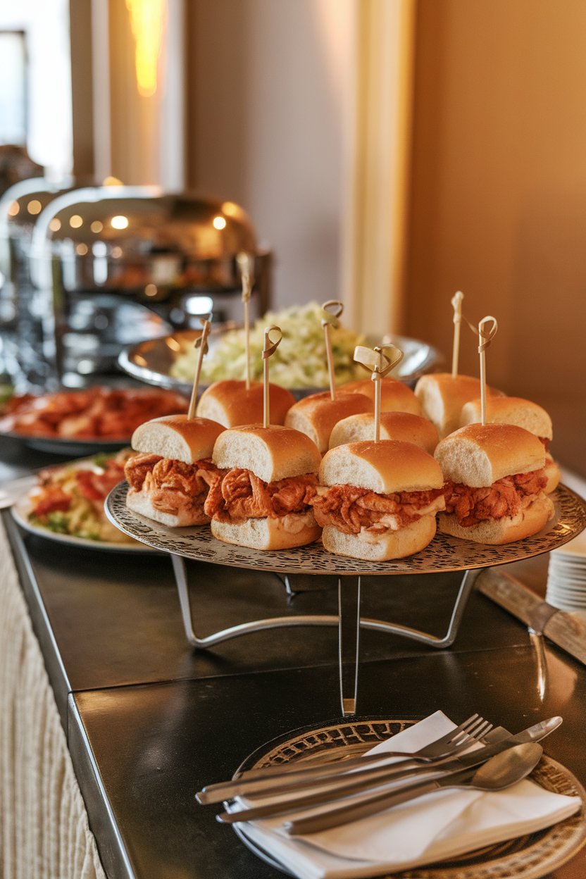 An indoor buffet spread with a platter of BBQ chicken sliders on Hawaiian rolls, coleslaw visible in the background; photo only, no text or logos.