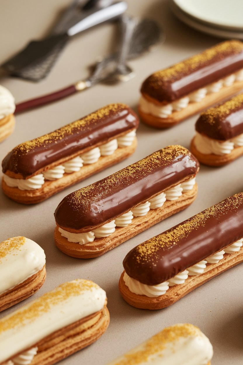 Indoor photo of éclairs filled with vanilla pastry cream, tops glazed in chocolate and brushed with edible gold dust. No logos or text.