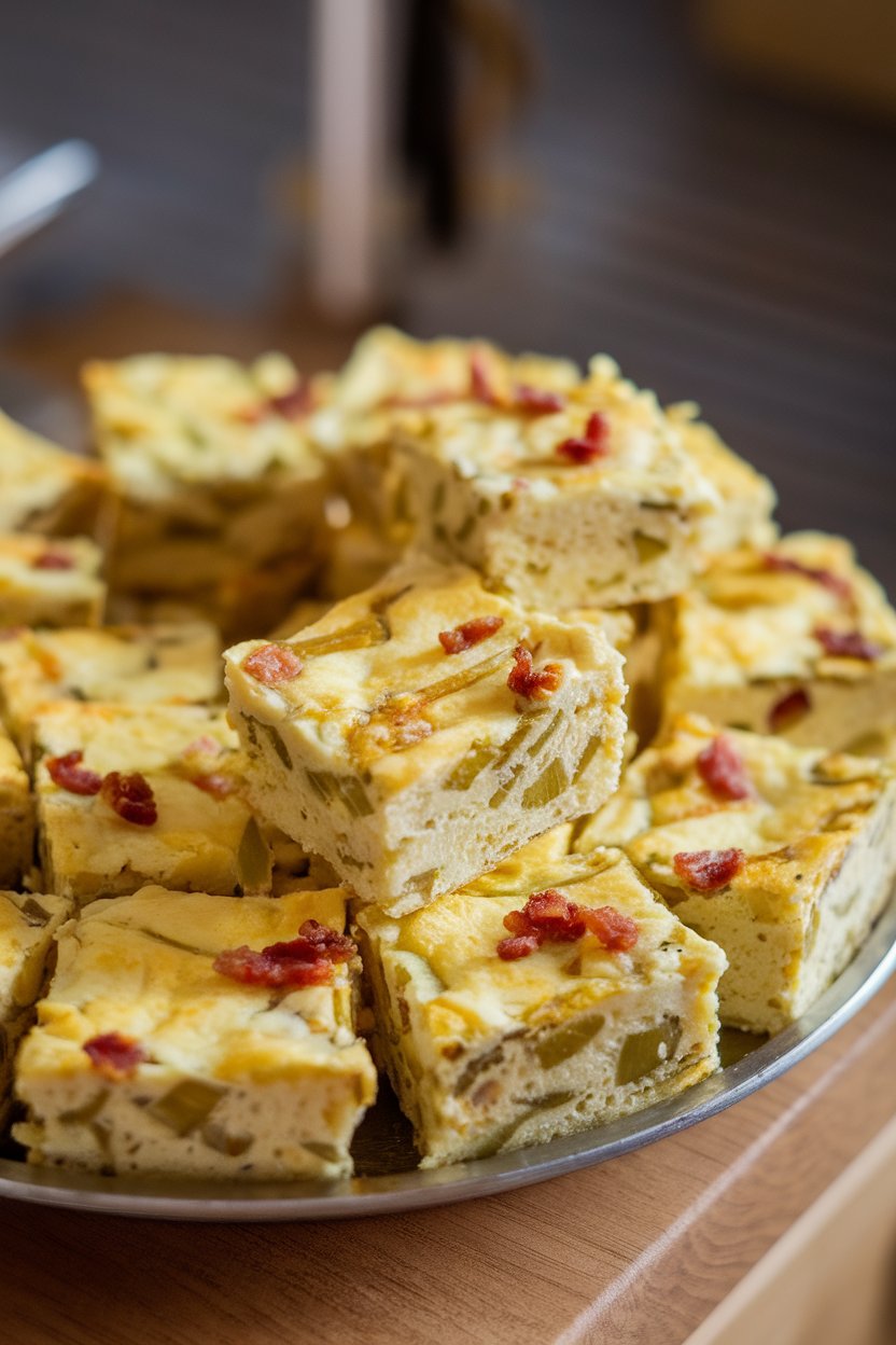 Indoor photo of small frittata squares with visible leeks and bacon bits, arranged on a platter, no text or logos