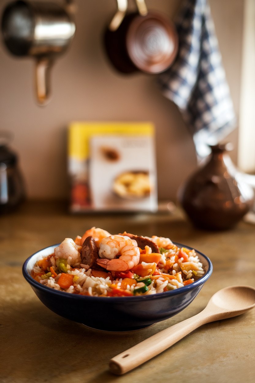 An indoor kitchen counter showing a bowl of cooked jambalaya packed with shrimp, sausage, and vegetables over fluffy rice. No logos or text. Photo.