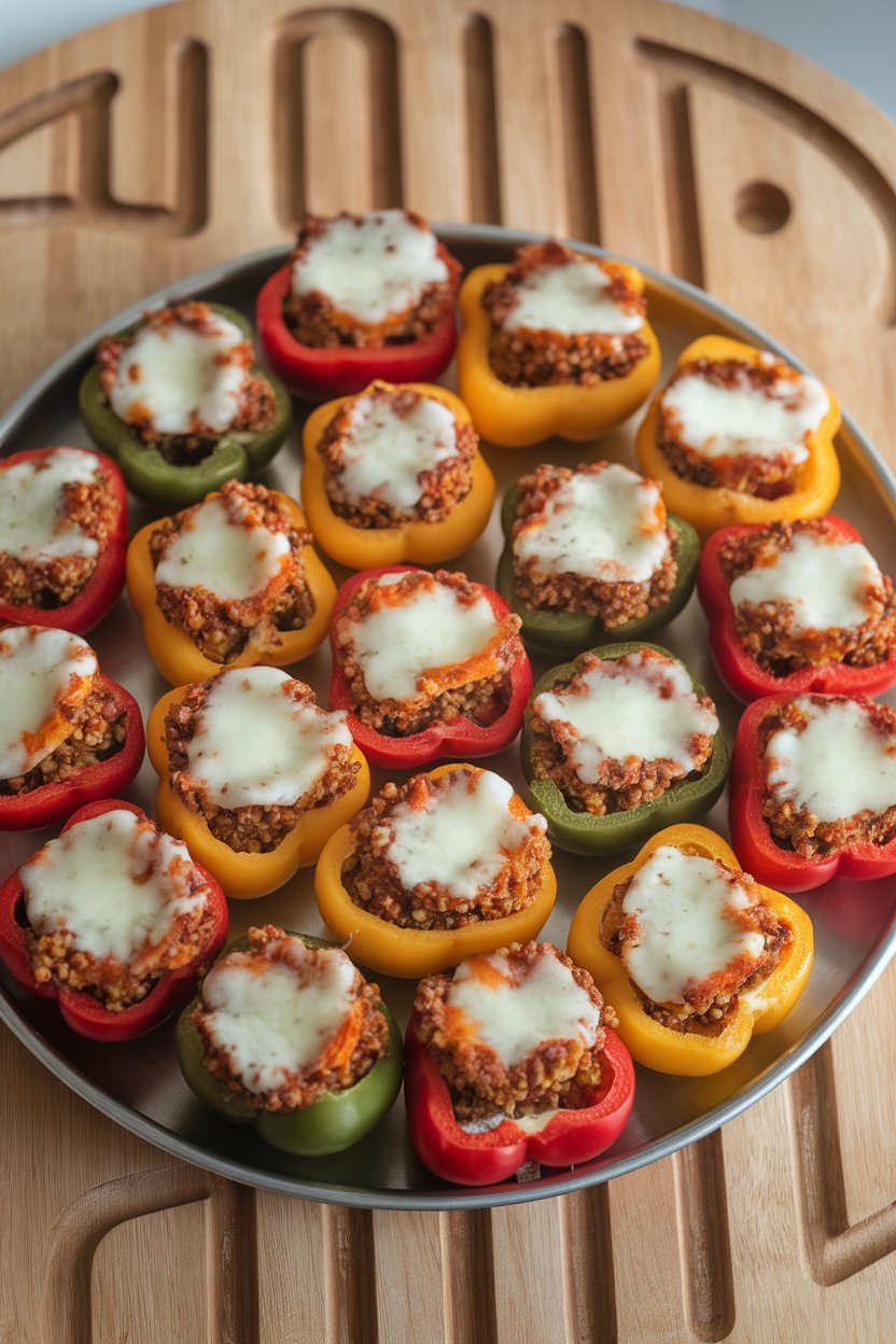 Indoor photo of colorful mini bell peppers filled with spiced ground turkey and quinoa, melted cheese on top, arranged on a platter. No text or logos.