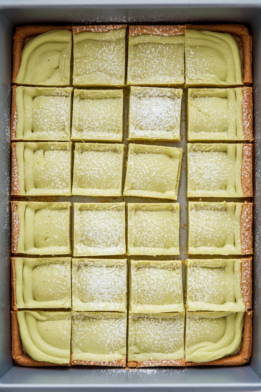 An indoor baking pan of square lime bars on a graham crust, pale green filling, a dusting of powdered sugar, no text or logos. Photo only.