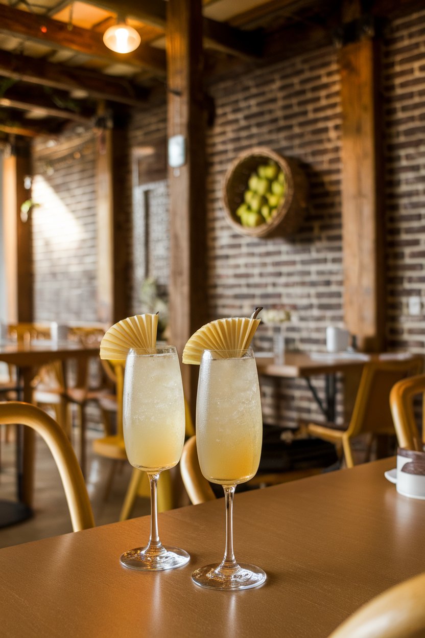An indoor brunch nook with flute glasses of pale-gold pear sparkling cocktail, thin pear fan garnish; photo, not illustration; no text or logos.
