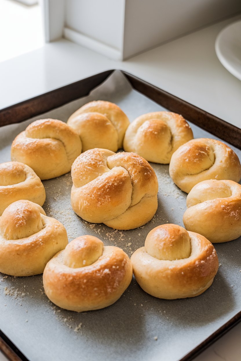 Baking sheet on an indoor countertop holding golden garlic-parmesan knots brushed with butter, no text or logos. Photo only.