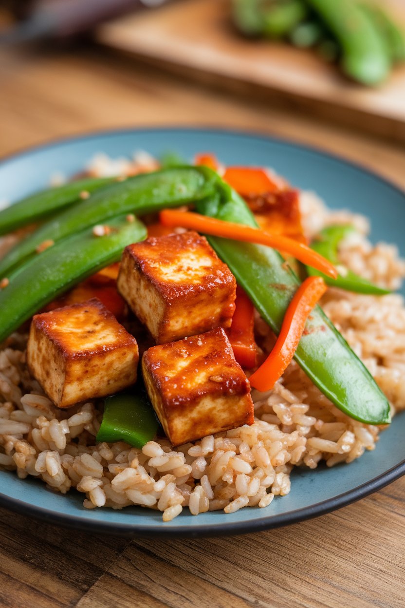 Indoor plate with cubes of glazed tofu, snap peas, and bell pepper strips over brown rice. No text or logos present.