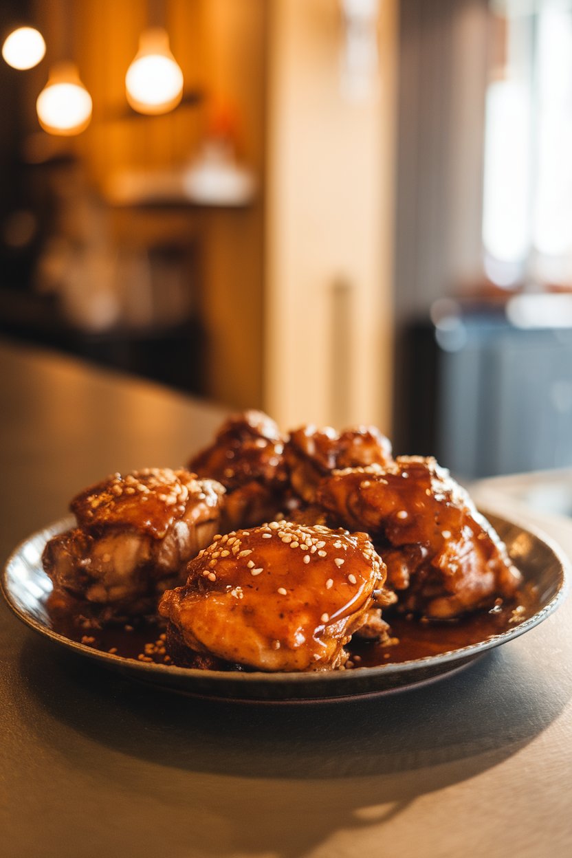 Warmly lit indoor counter showing glazed chicken thighs on a shallow platter, glossy with honey-garlic sauce and sprinkled with sesame seeds. No text or logos; photo only.
