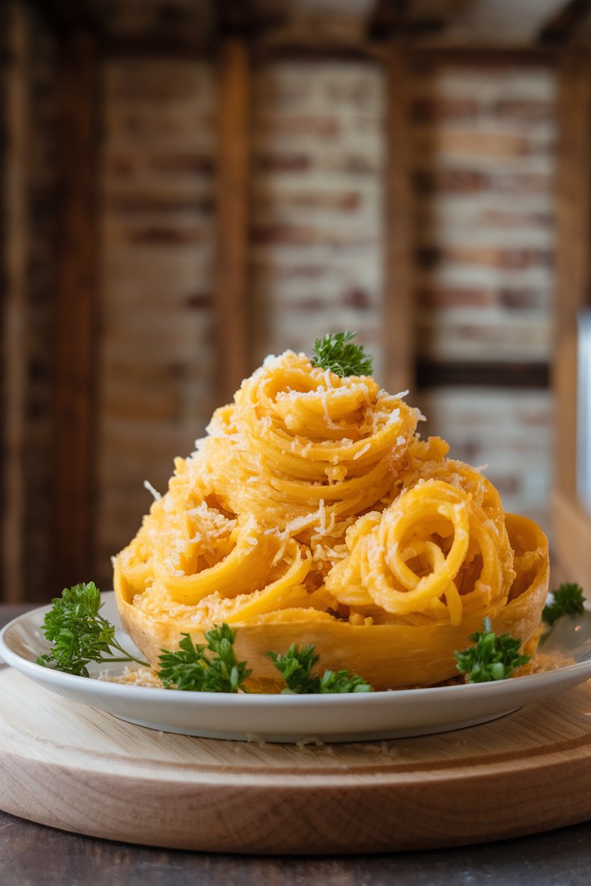 An indoor countertop photo of twirled spaghetti squash strands coated in garlic and parmesan, parsley sprinkled over. No text or logos present.