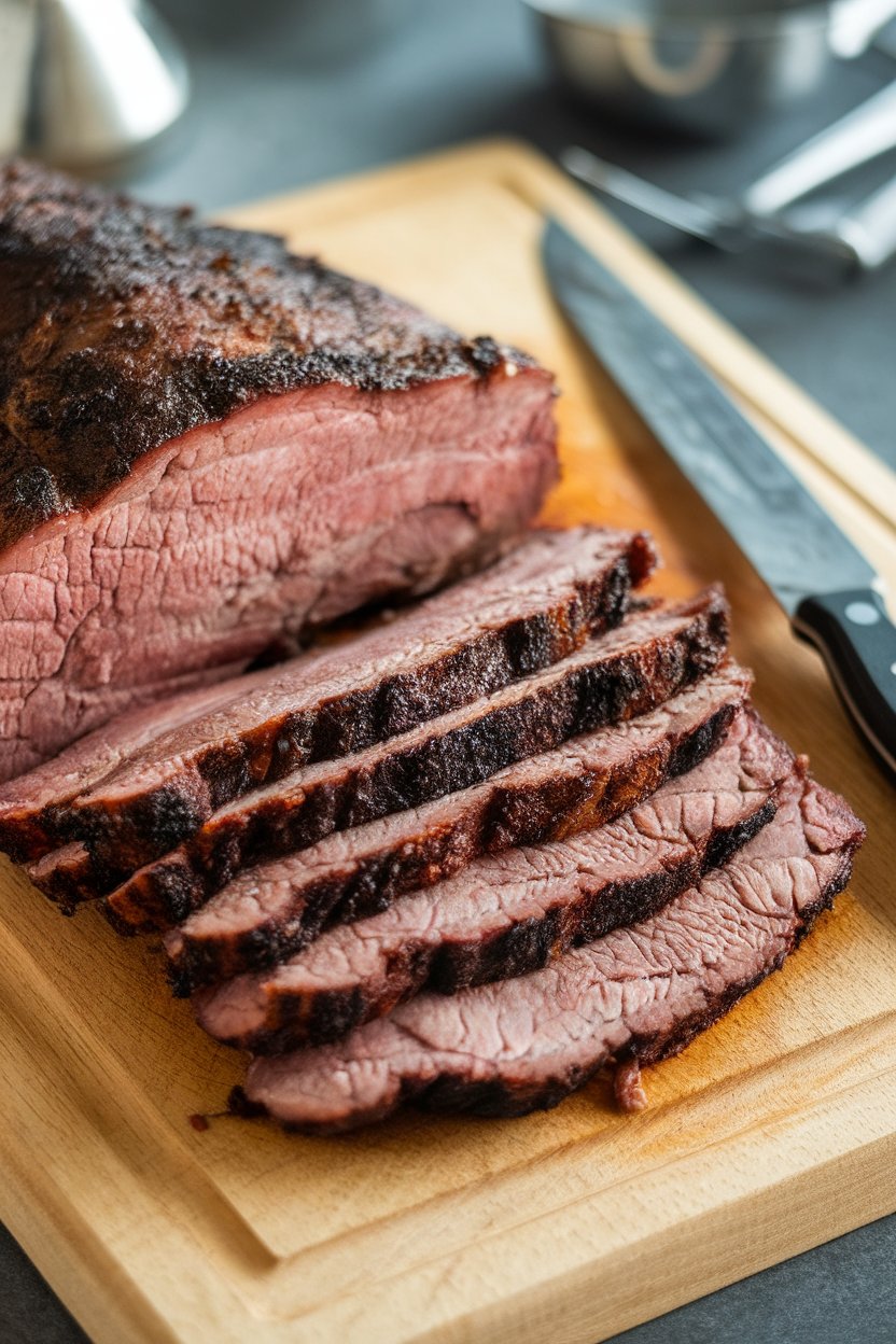 Indoor photo of sliced smoked brisket on a cutting board, pink smoke ring visible; no text or logos.