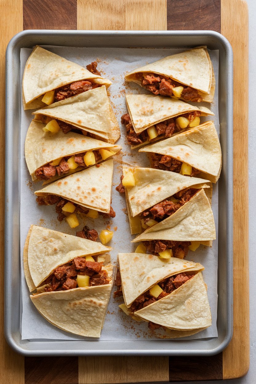 Sheet pan with al-pastor quesadilla wedges featuring pineapple bits and chili-marinated pork, indoor photo, no branding.