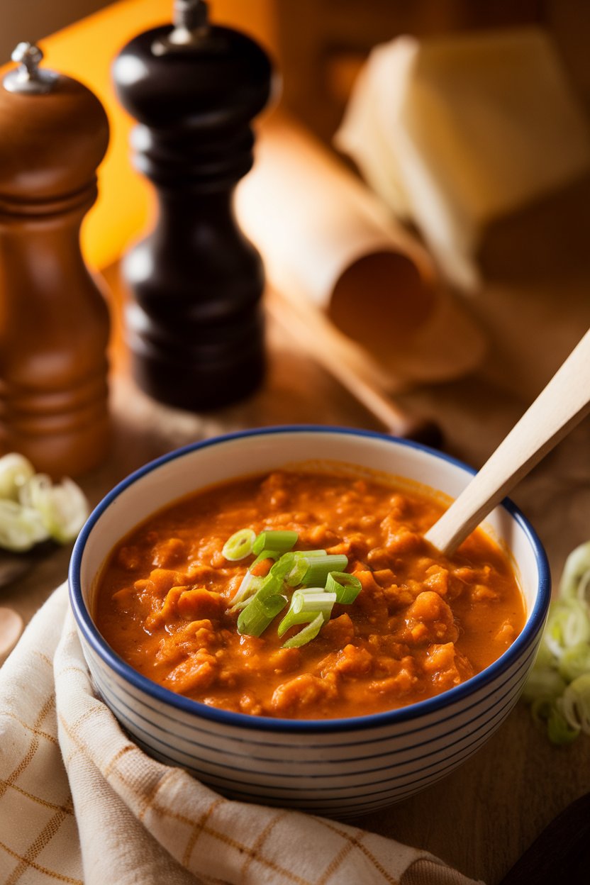 A warmly lit indoor scene displaying a bowl of turkey chili tinted slightly orange from pumpkin puree, garnished with green onion; no text or logos; photo.