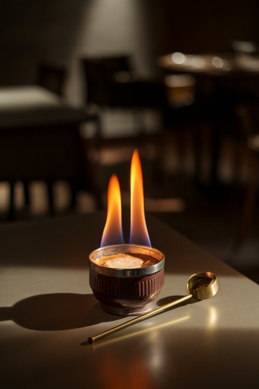 Dim indoor dining room with a small fireproof bowl where orange-peel flames rise above dark coffee cocktail, brass ladle resting aside, no text or logos, photo